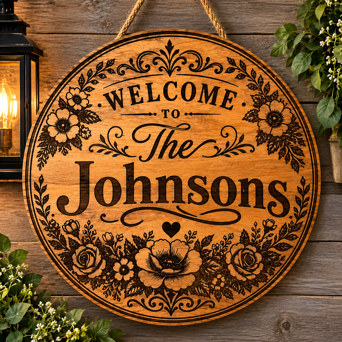 Custom Personalized Family Name Welcome Sign – Laser Engraved Wooden Door Hanger