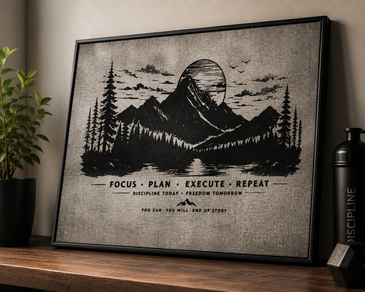 🏔️ Focus Plan Execute Repeat Laser Engraved Motivational Canvas Wall Art