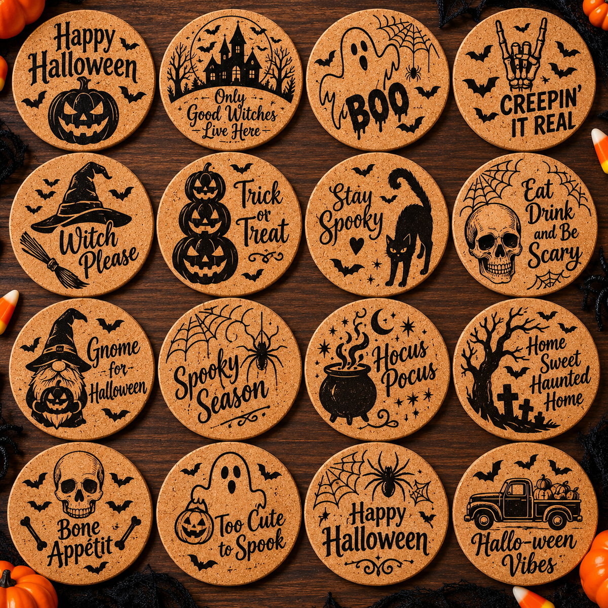 Laser Engraved Halloween Cork Coasters – Set of 4 | Choose Your Designs 🎃👻