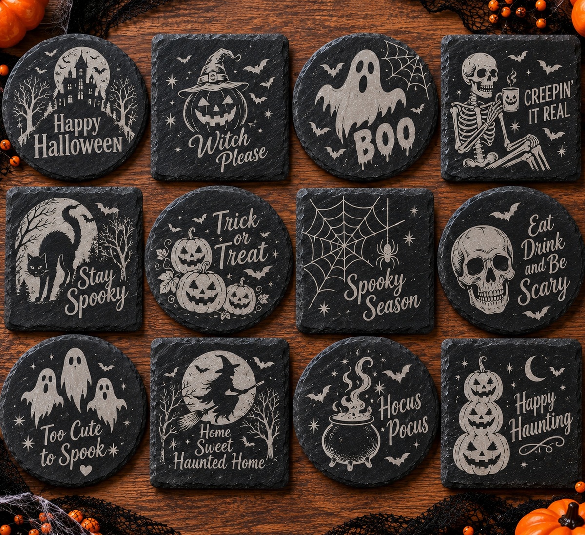 Set of 4 Laser Engraved Halloween Slate Coasters – Spooky Round & Square Designs 🎃👻
