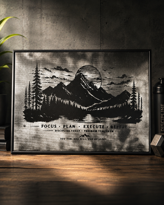 🏔️ Focus Plan Execute Repeat Laser Engraved Motivational Canvas Wall Art