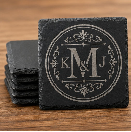 Personalized Laser Engraved Slate Coasters (Set of 4) | Custom Name, Logo & Gift