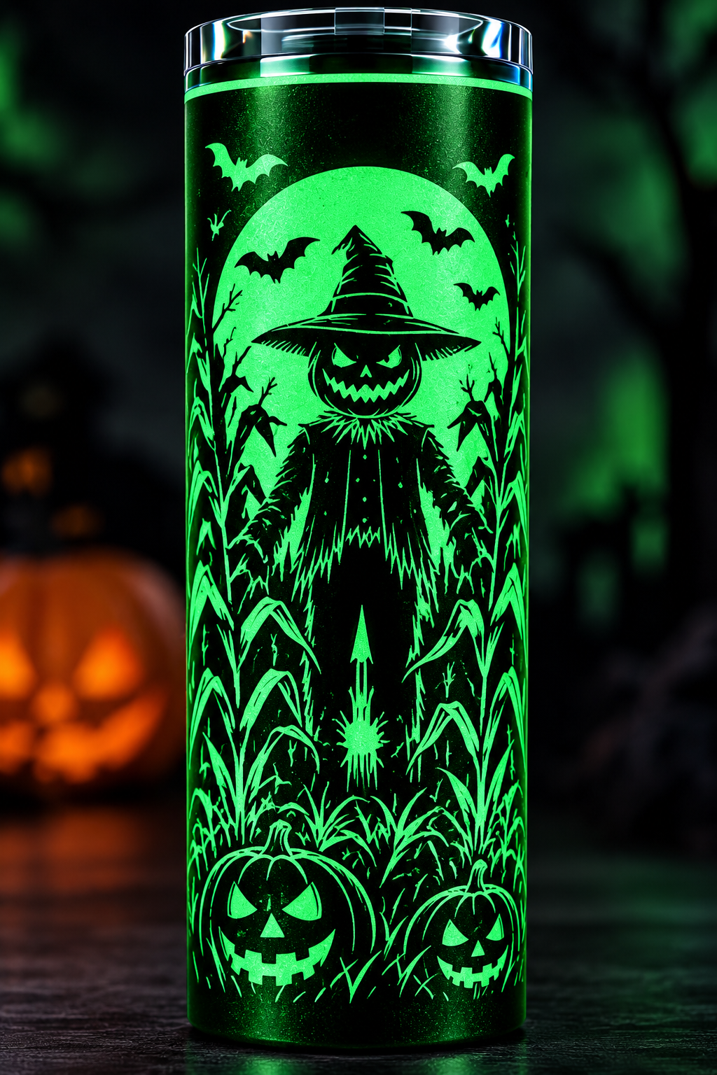 Halloween Glow-in-the-Dark Tumbler | Spooky Scarecrow, Bats & Pumpkins | 20oz Skinny Tumbler