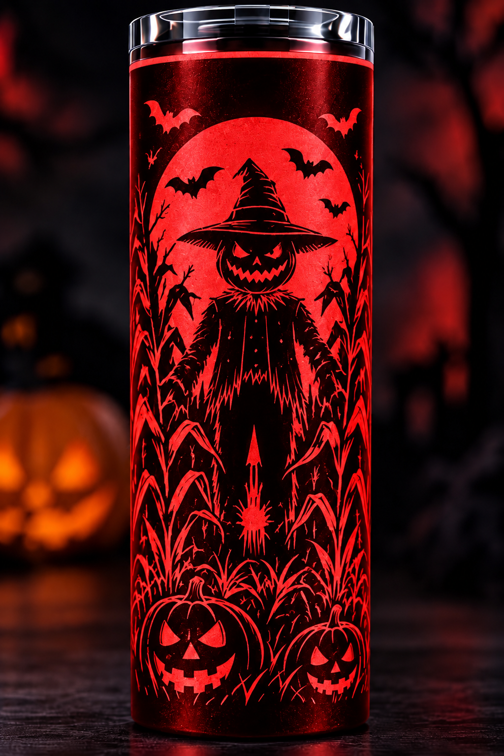Halloween Glow-in-the-Dark Tumbler | Spooky Scarecrow, Bats & Pumpkins | 20oz Skinny Tumbler