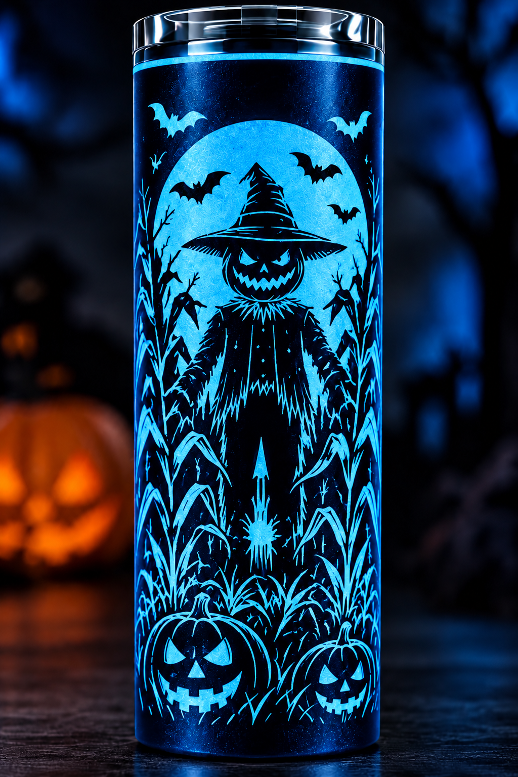 Halloween Glow-in-the-Dark Tumbler | Spooky Scarecrow, Bats & Pumpkins | 20oz Skinny Tumbler