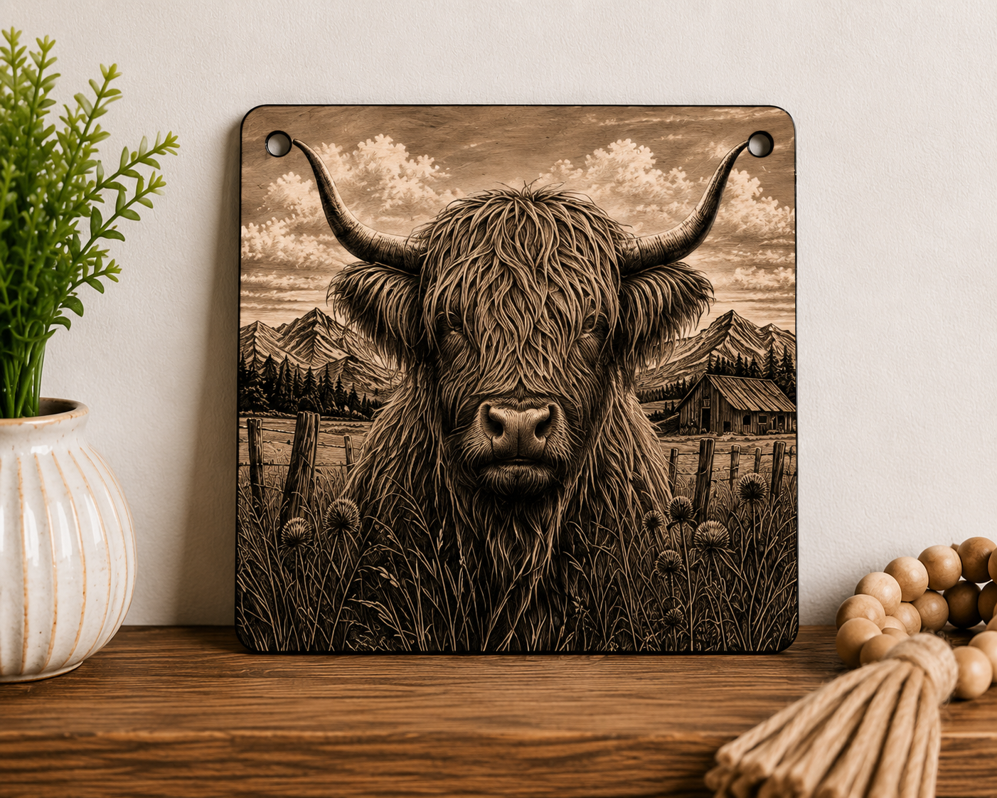 Rustic Highland Cow Laser Engraved Canvas Wall Art