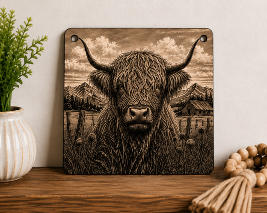 Rustic Highland Cow Laser Engraved Canvas Wall Art
