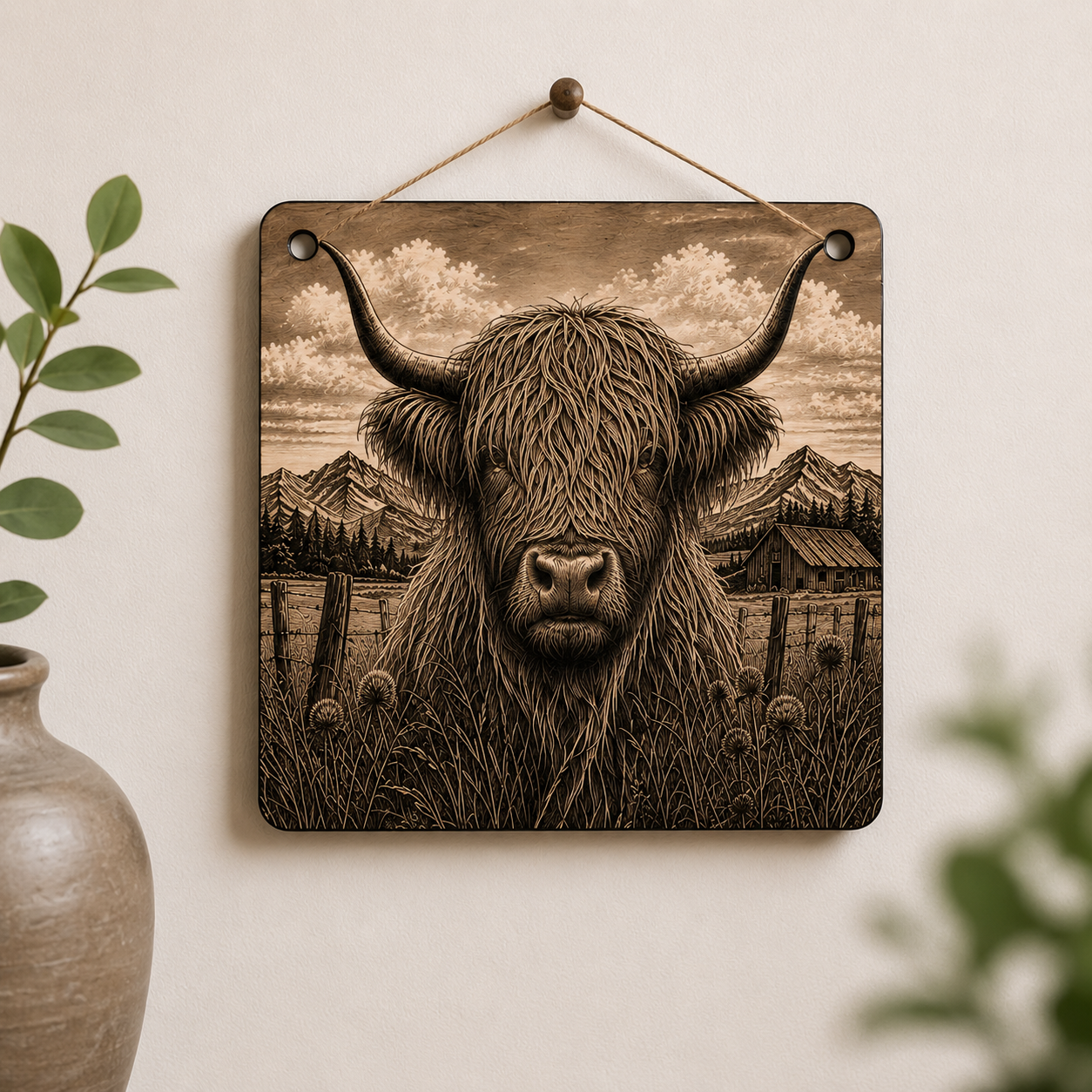 Rustic Highland Cow Laser Engraved Canvas Wall Art