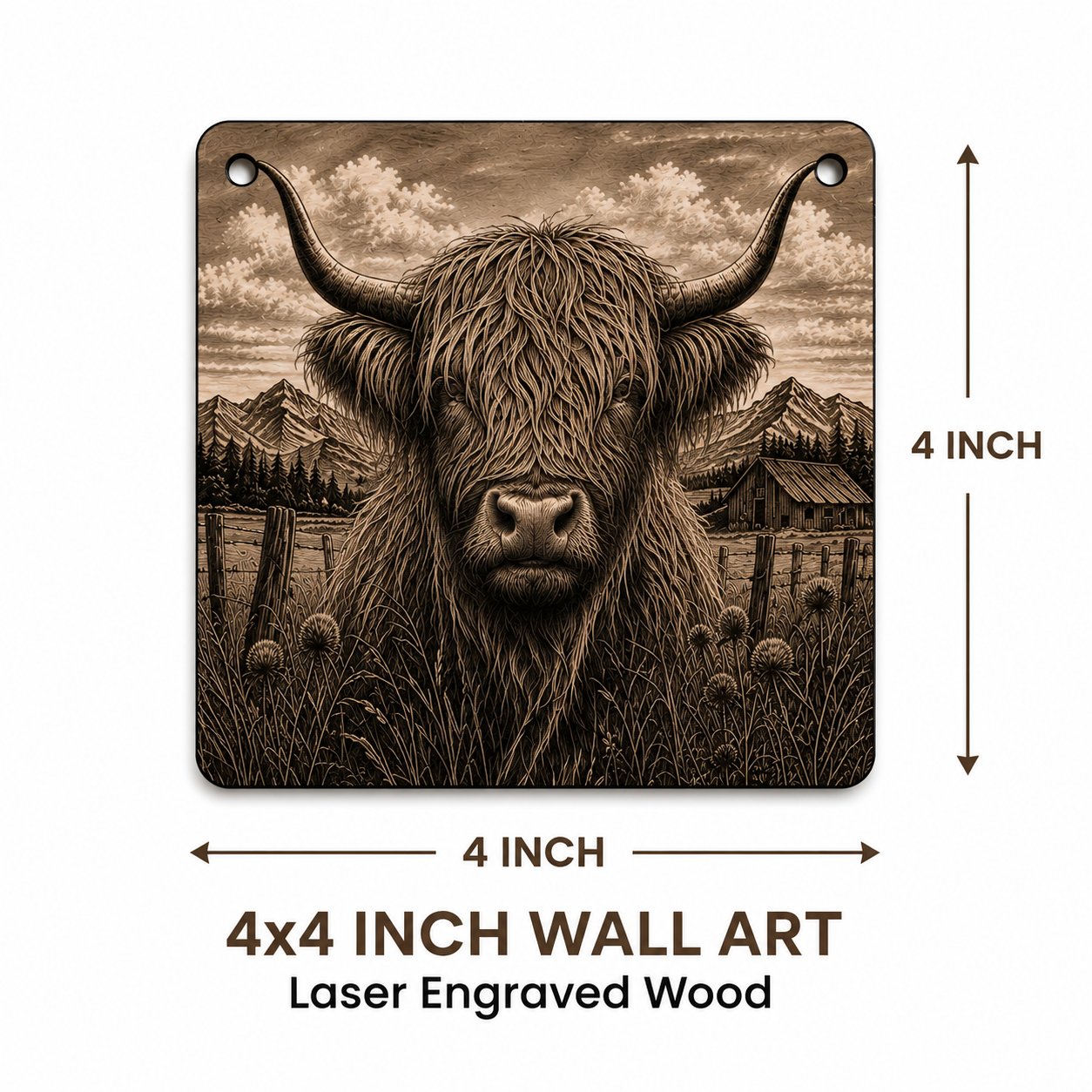 Rustic Highland Cow Laser Engraved Canvas Wall Art