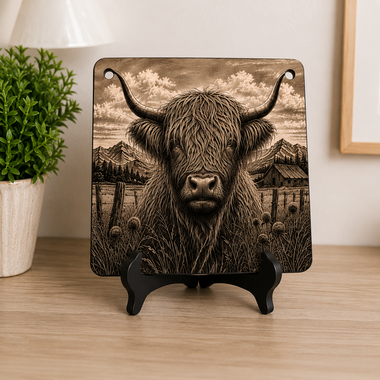 Rustic Highland Cow Laser Engraved Canvas Wall Art