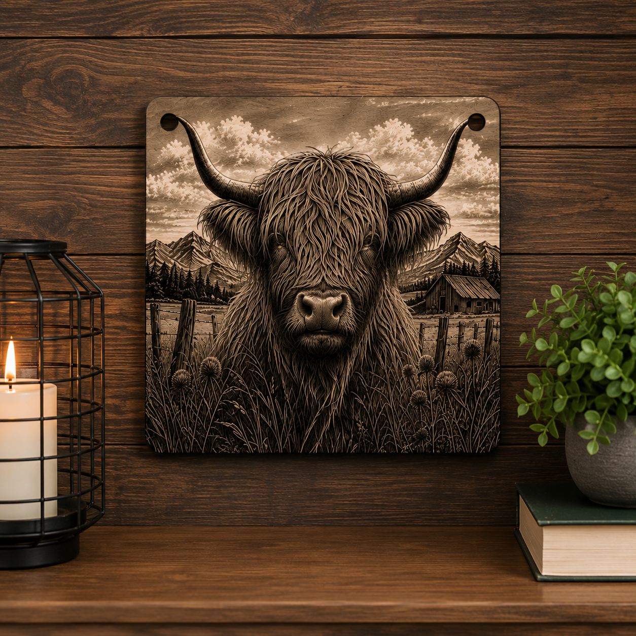 Rustic Highland Cow Laser Engraved Canvas Wall Art