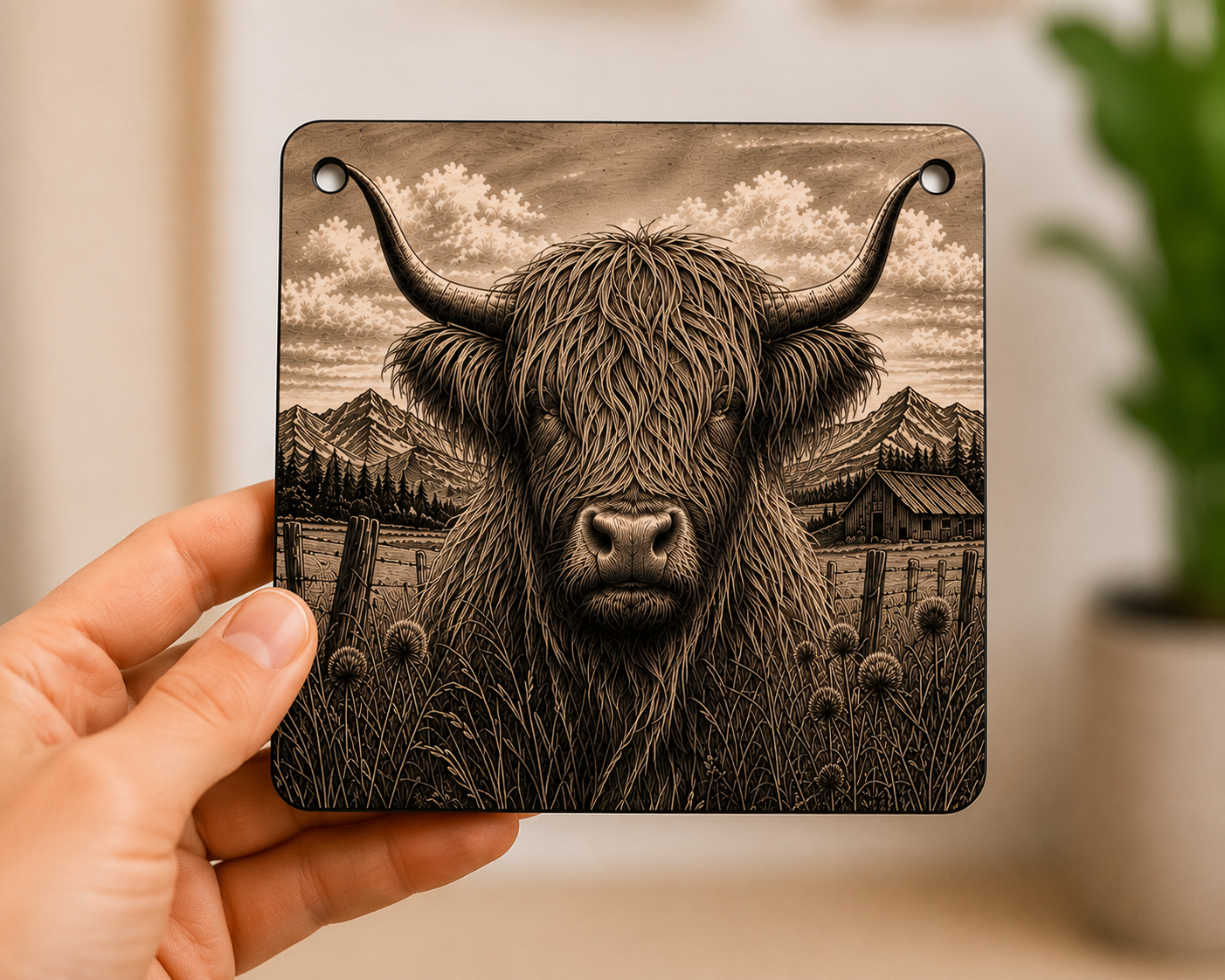 Rustic Highland Cow Laser Engraved Canvas Wall Art