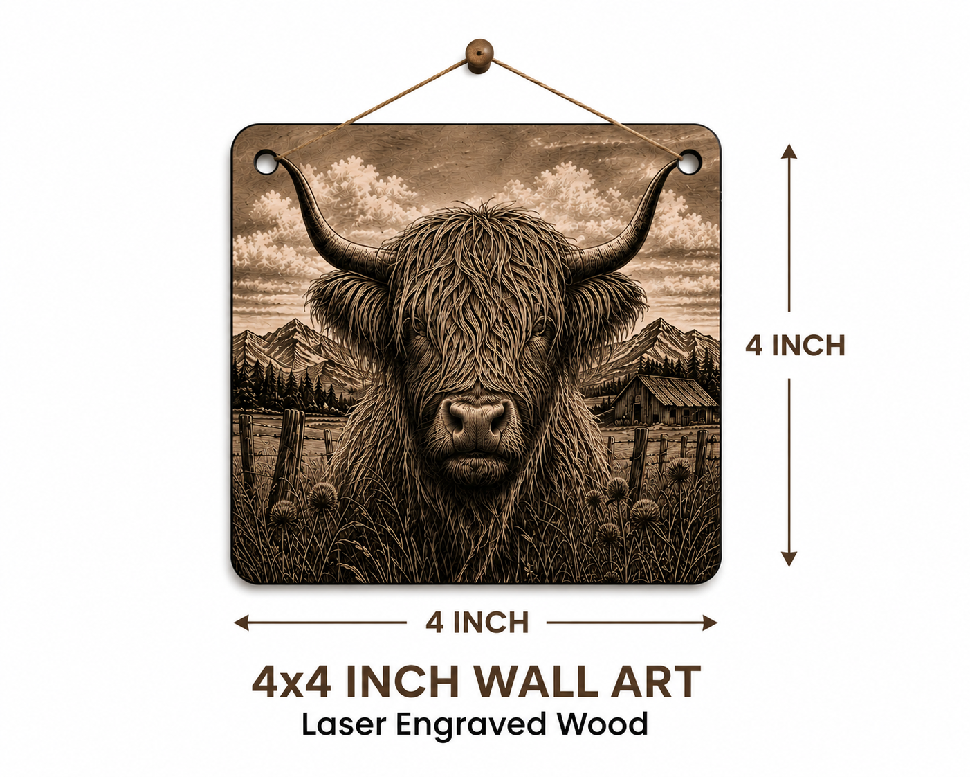 Rustic Highland Cow Laser Engraved Canvas Wall Art