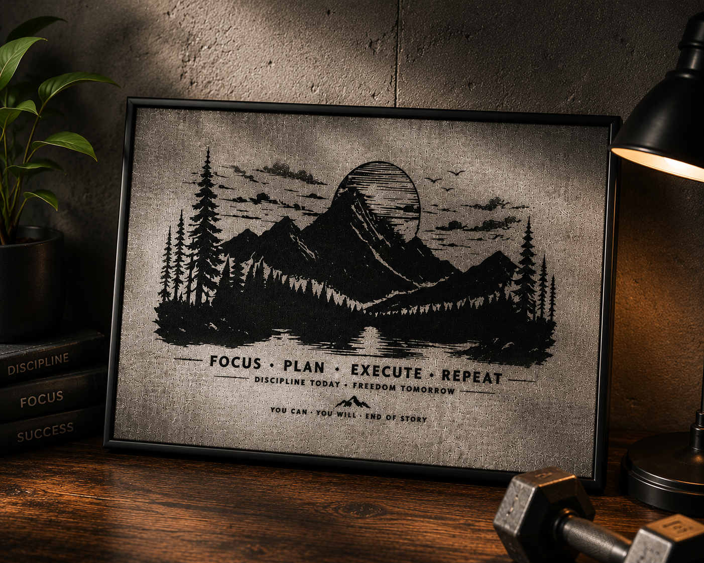 🏔️ Focus Plan Execute Repeat Laser Engraved Motivational Canvas Wall Art