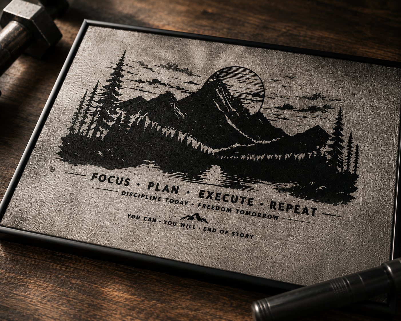 🏔️ Focus Plan Execute Repeat Laser Engraved Motivational Canvas Wall Art