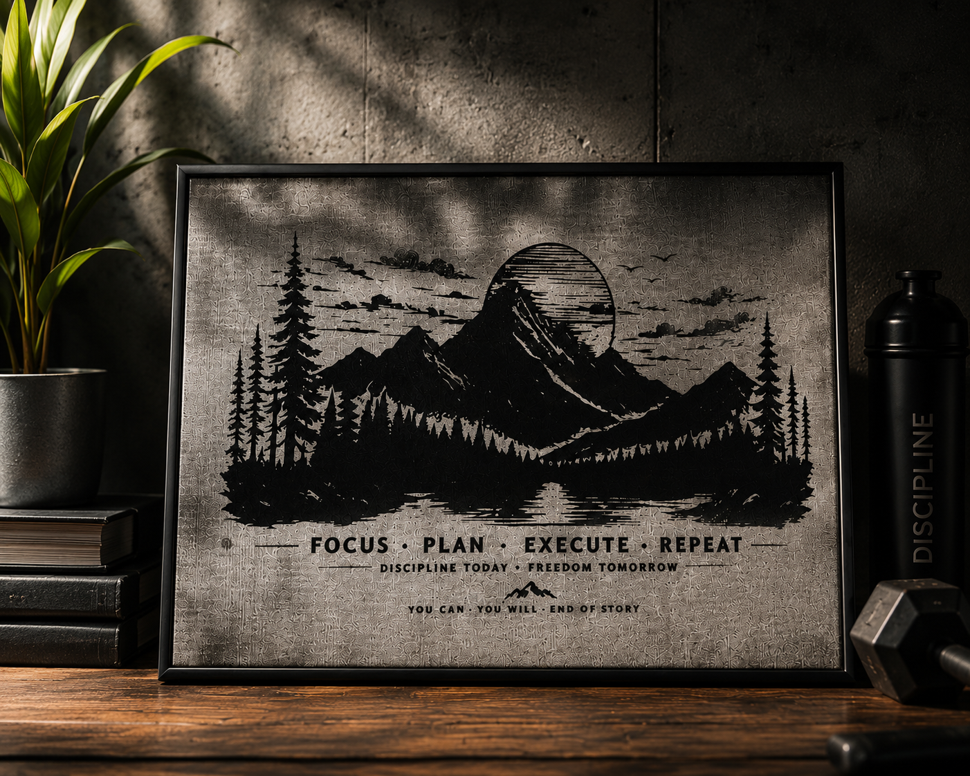 🏔️ Focus Plan Execute Repeat Laser Engraved Motivational Canvas Wall Art