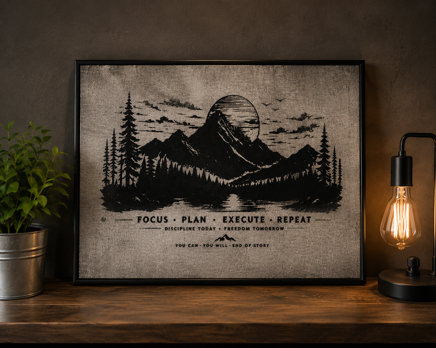 🏔️ Focus Plan Execute Repeat Laser Engraved Motivational Canvas Wall Art