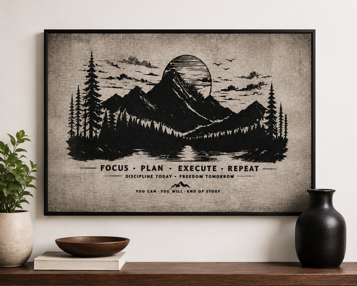 🏔️ Focus Plan Execute Repeat Laser Engraved Motivational Canvas Wall Art
